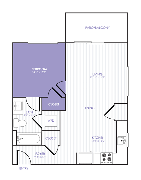 Floor plan for 1 bed, 1 bath, 518 sqft